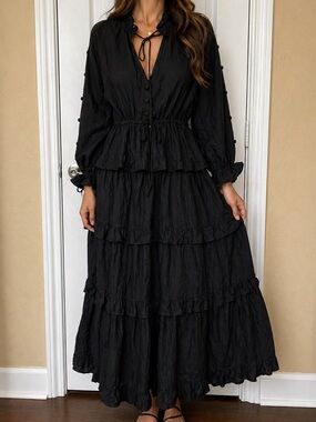 ELF Black Tiered Ruffled Maxi Dress with Long Sleeves